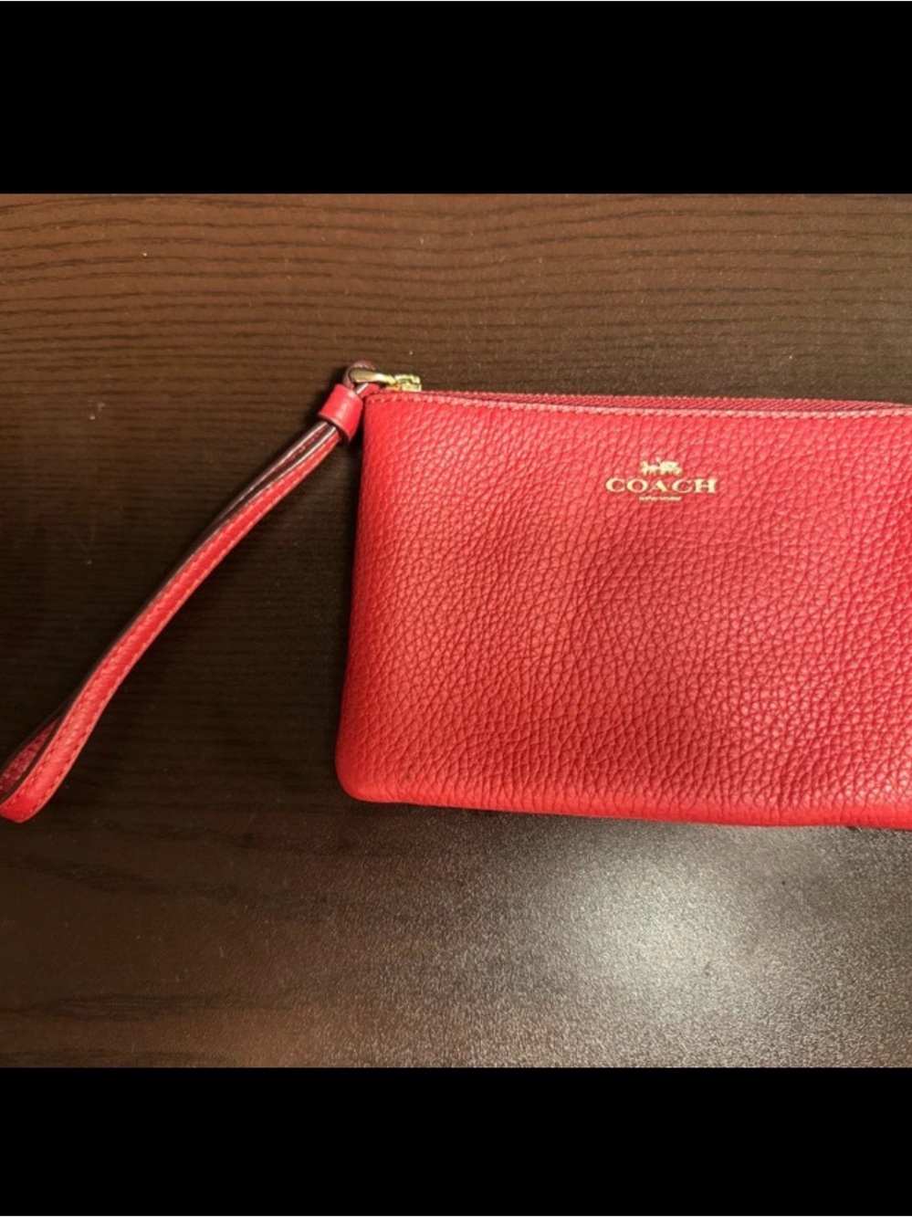COACH Red Pebbled Leather Wristlet with Gold Logo